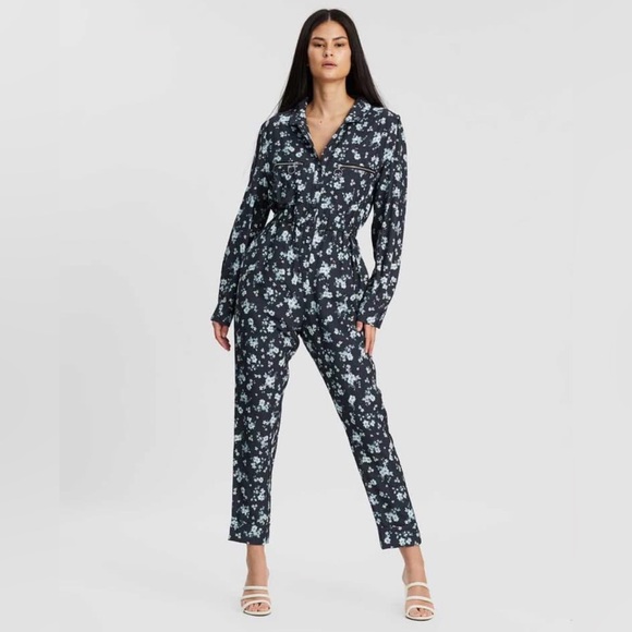 Steele Pants - STEELE the Label Stasia Boiler Suit Sz Small Gray Blue Floral Coveralls Jumpsuit